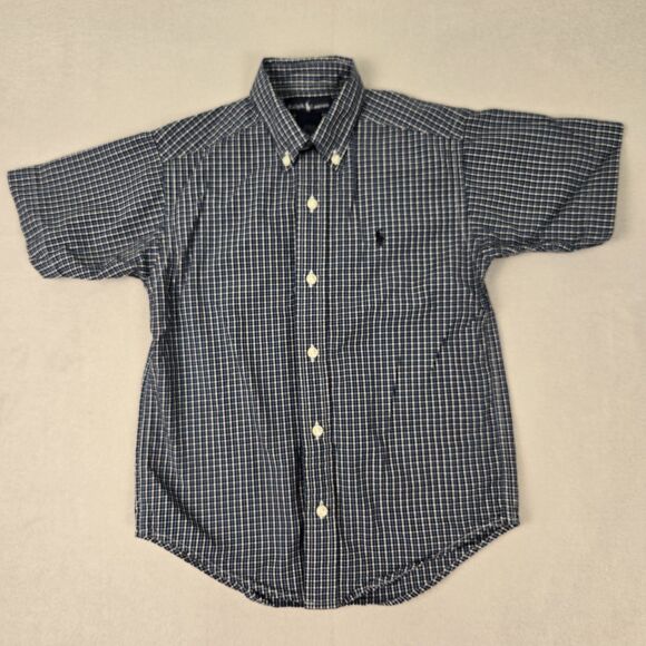 Ralph Lauren Short Sleeve Button Up Shirt Blue White Gingham Boys 5 Pony Logo - Picture 2 of 6